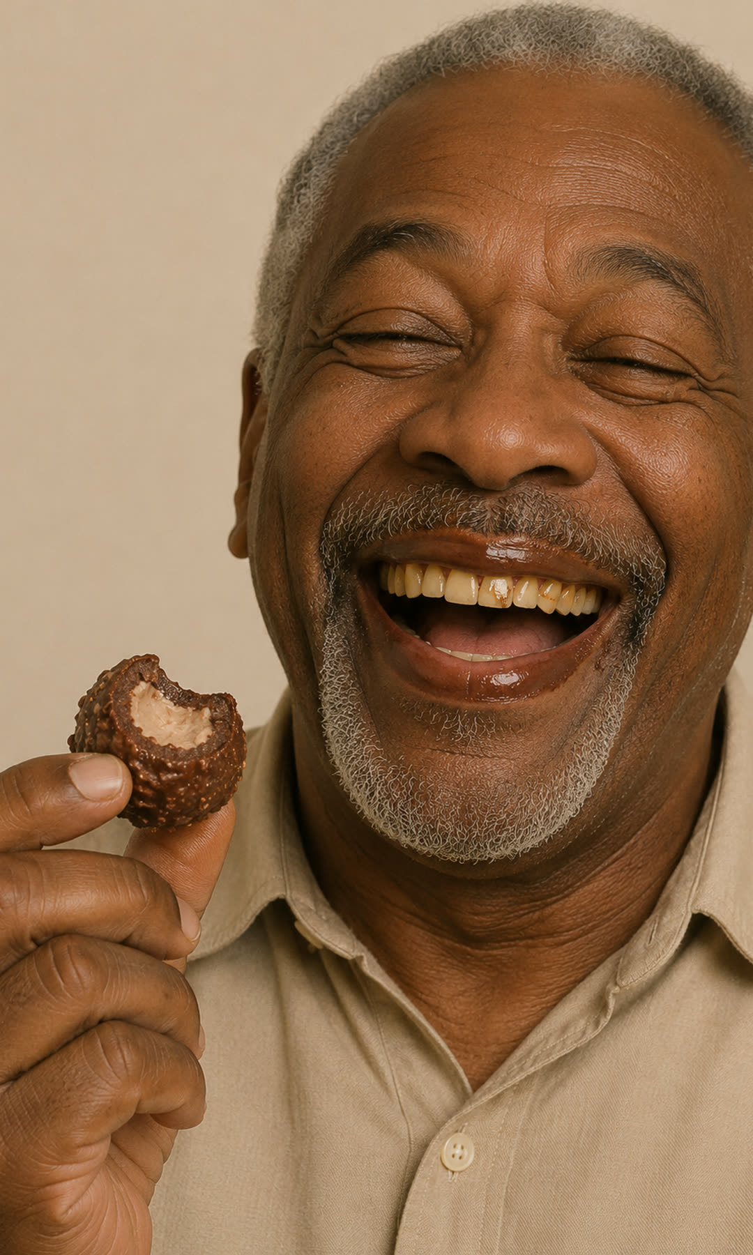 A smiling older man holding a bitten Snow Globez, its creamy center showing
