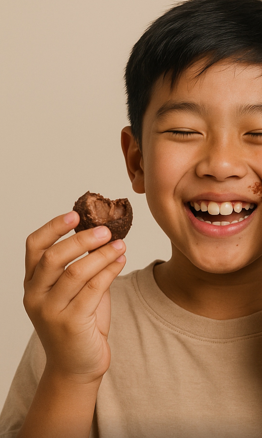 A young boy laughing while eating a Snow Globez chocolate